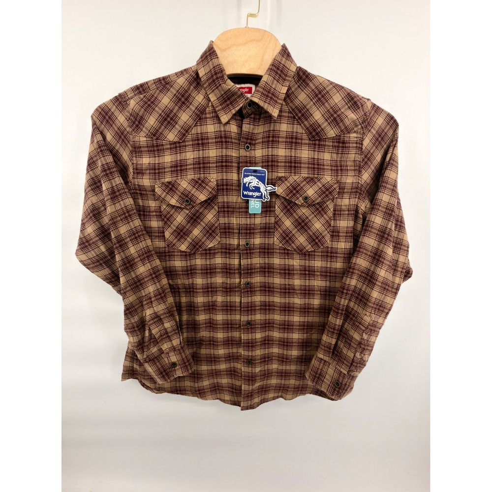 NWT Wrangler Cloud Flannel Shirt Mens L Brown Plaid Western Button Up Stretch